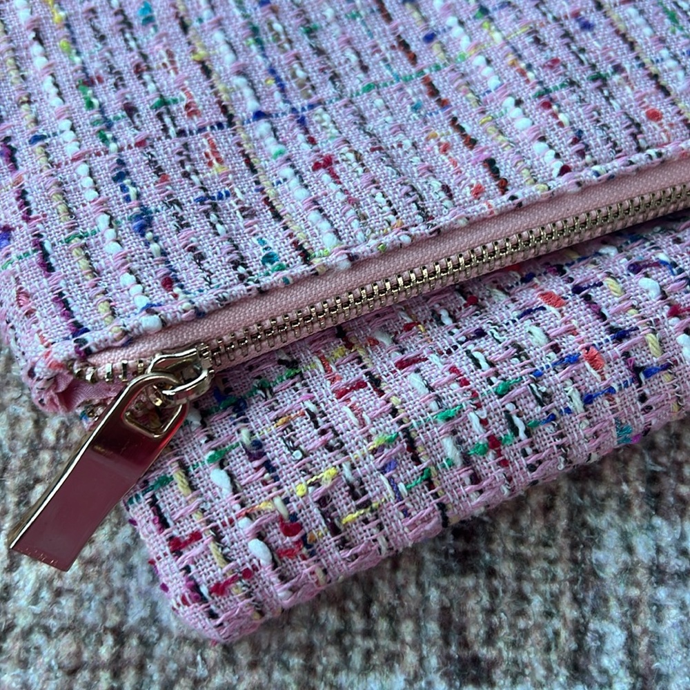 Fabulous Pink Tweed Fold Over Clutch - opens with a zipper and becomes large!